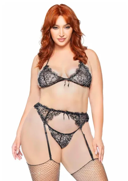 Plus Lace Bra Top, String and Garter Belt