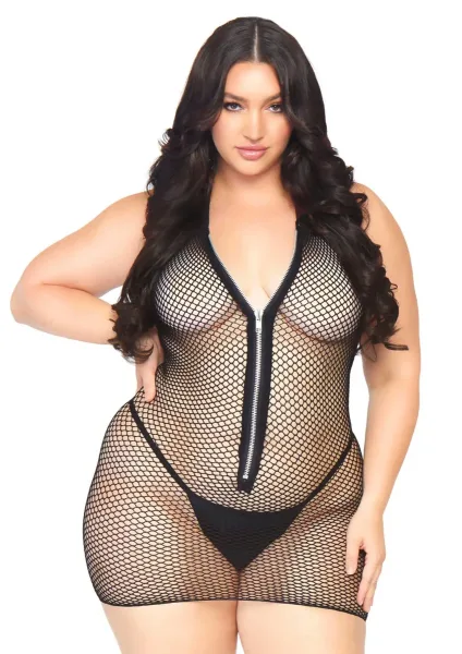 Plus Fishnet Zip Up Mini Dress