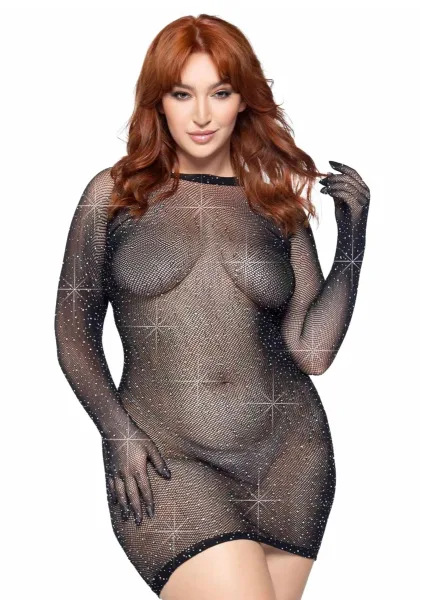 Plus Rhinestone Fishnet Gloved Mini Dress