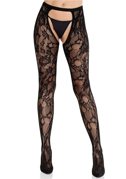 Rose Lace Crotchless Tights with Open Back